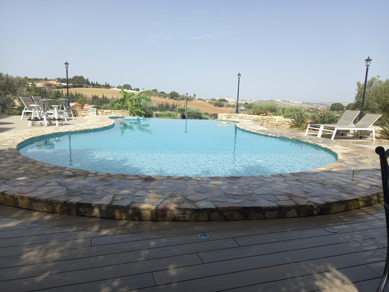 Piscina de formas curvas con borde infinity orientado hacia el paisaje